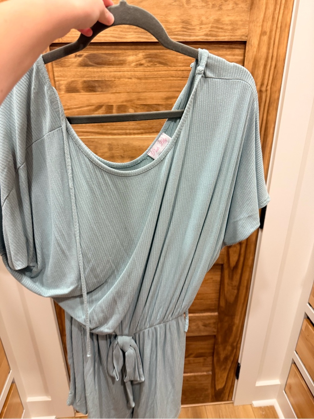 Light Seafoam Green Ribbed Short Sleeve Tie-Waist Romper
